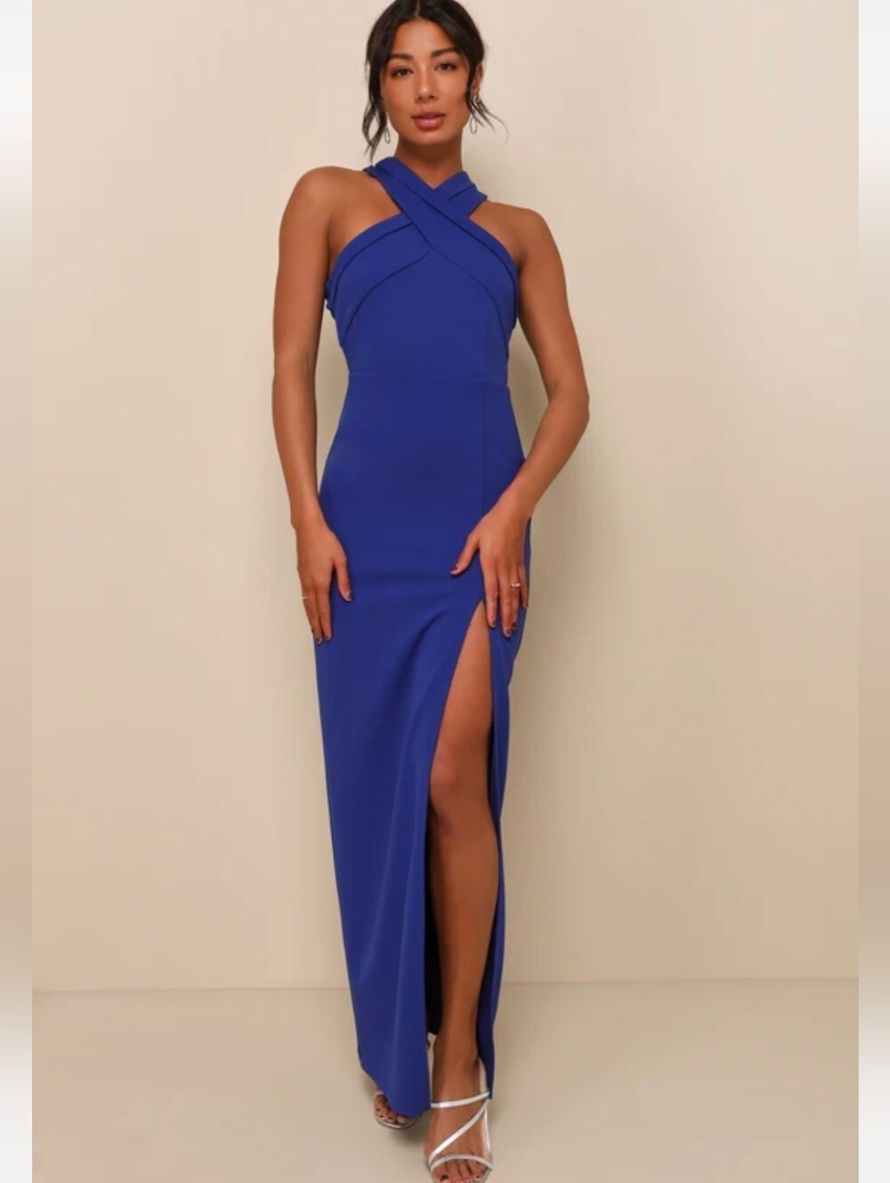 NWOT Lulus Head to Cocktail Hour Royal Blue Halter Neck Maxi Dress XS Leg Slit